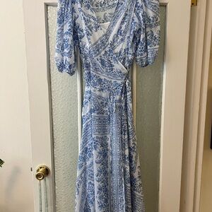 Calvin Klein White and Blue Patterned Maxi Wrap Dress